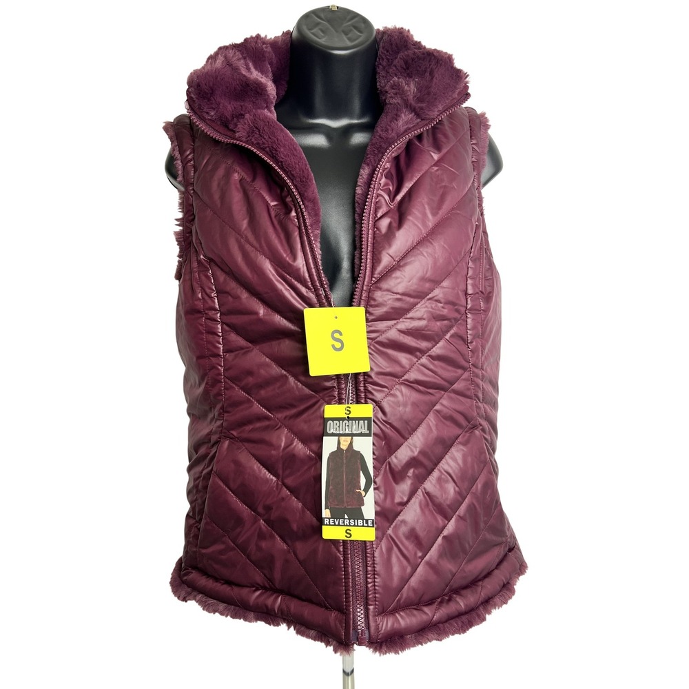 Nicole Miller Vest Womens Small Wine‎ Reversible Faux Fur Puffer Quilted Jacket